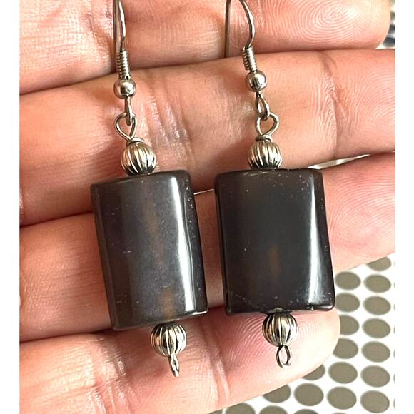 Tigers Eye Square Stone Pierced Earrings Silver Tone B18 - Picture 1 of 7